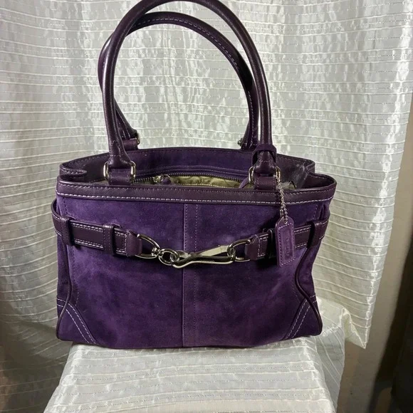 Coach Purple Suede Leather Trimmed Satchel Handbag Purse Designer Bag - Picture 2 of 14